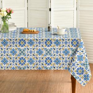 Horaldaily Spring Summer Blue Tablecloth, 60×104 Inch Rectangular, Talavera Mexican Tiles Pattern Table Cover for Birthday Party Home Dinner Kitchen Table Decor