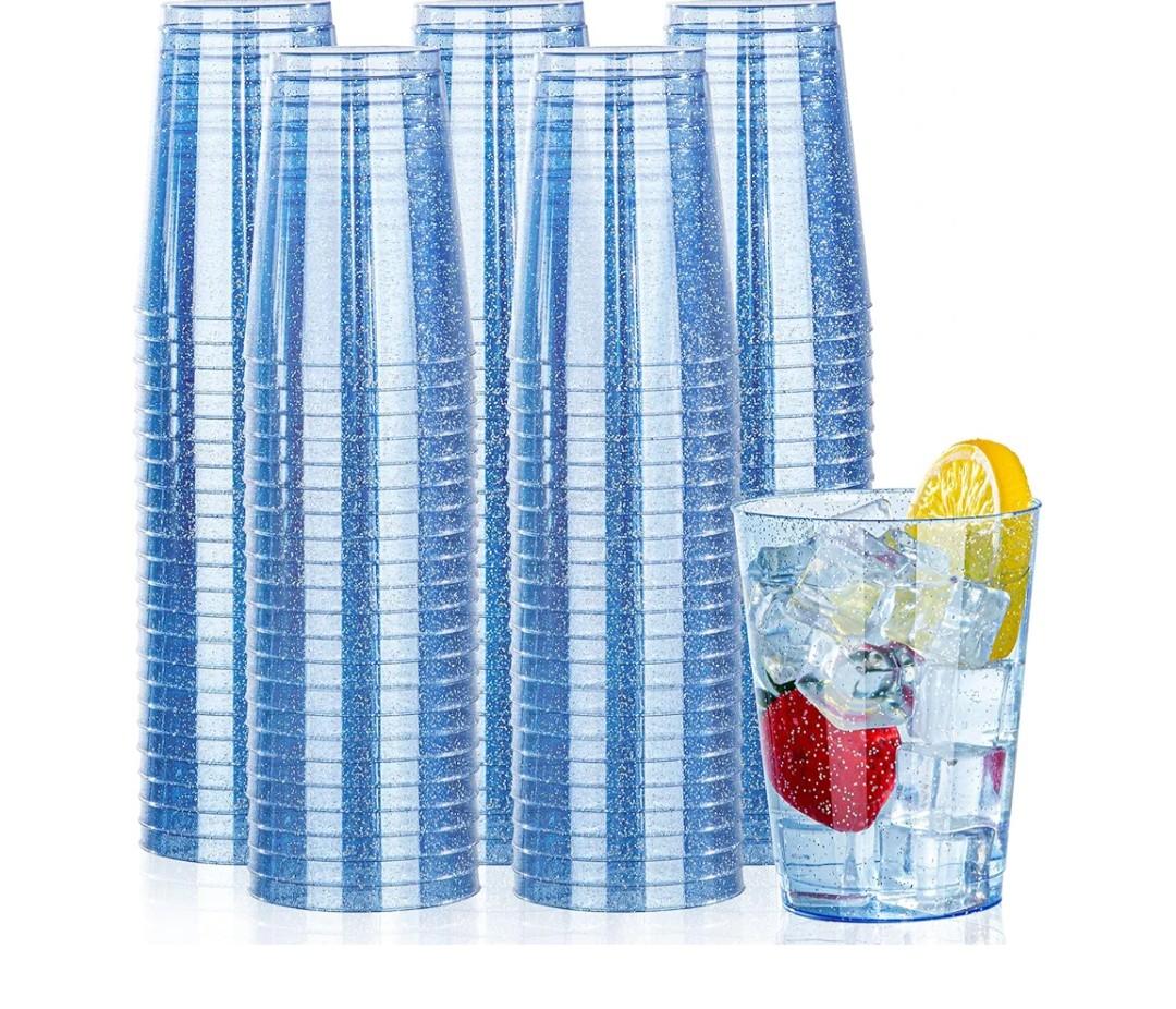 DaYammi 100 Pack Blue Plastic Cups 9 oz Disposable Cups Tumblers, Elegant Blue Glitter Party Drinking Cup Perfect for Wedding, Fancy Disposable Cup Plastic Cocktail Glasses for Party