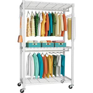 P1 Heavy Duty Garment Rack, 3 Tiers Adjustable Rolling Metal Closet Organizer with Lockable Wheels, FreeStanding Wardrobe with Double Hanger Rods & 1 Pair Hooks, Max Load 450 LBS, White