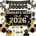 Graduation Decorations 2026 Set: Class of 2026 Decorations with Congrats Grad Banner Backdrop Balloons Cupcake Toppers Hanging Swirls Honeycomb Centerpieces for Grad Party Decorations