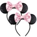 Ears Mouse Ears Headband with Sequin Bows, Headbands for Women Halloween Costume, Headwear Hair Accessories -2 pack Black and Pink