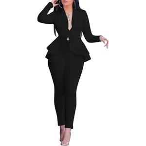 Salimdy Sexy 2 Piece Outfits for Women Long Sleeve Solid Blazer with Pants Casual Elegant Business Suit Sets, Black 