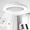 Depuley Modern Ceiling Fan with Light: 19" Bladeless Flush Mount Low Profile LED Ceiling Fans with Remote & Smart APP Control - White Enclosed Fandelier Dimmable Quiet DC Motor for Bedroom Kids Room White