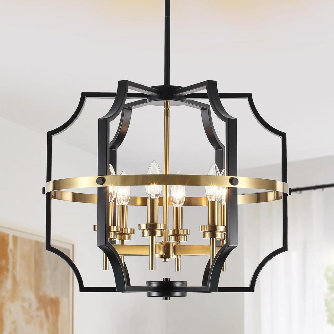 19.7'' Black and Gold Chandelier for Dining Room, 6-Light Farmhouse Industrial Chandelier Adjustable Modern Geometric Pendant Lights for Living Room Kitchen Entryway Foyer Hallway