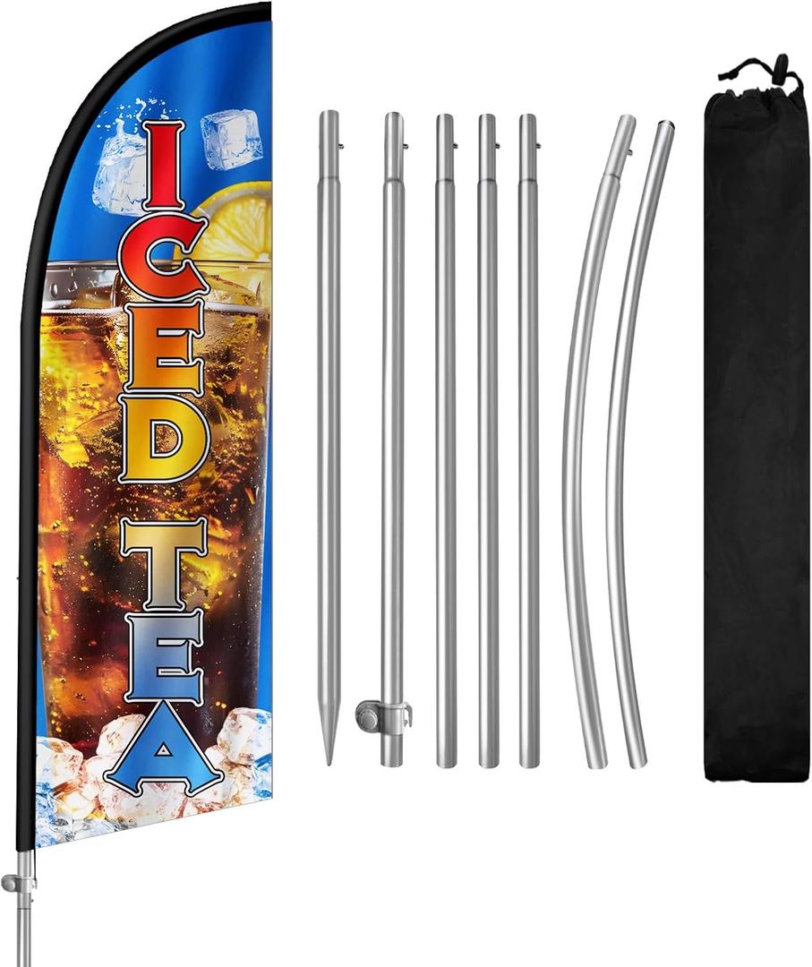 8FT Iced Tea Feather Flag with Pole Outdoor Advertising Banner Polyester Fabric Stainless Steel Pole Promo Flag Kit with Ground Spike Carry Bag for Beverage Shop