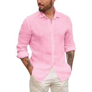 Mens Button Up Shirts Linen Beach Long Sleeve Casual Cotton Summer Lightweight Tops, Large