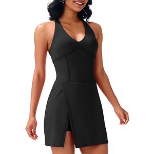 JOYSPELS 2025 Athletic Tennis Dress for Women with Built-in Bra & Shorts Pockets V Neck Spring Summer Dresses (XX-Large, Black)