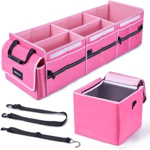 HIRALIY 4 in 1 Car Trunk Storage Organizer with Leakproof Cooler Bag, Multi-Compartment Foldable Trunk Storage Box for Car Truck SUV (Pink)