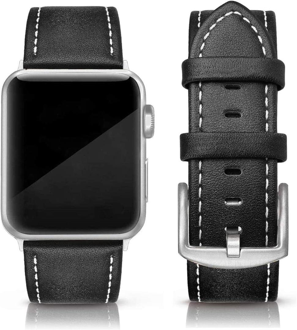 Leather Bands Compatible with Apple Watch 42mm 44mm, Genuine Leather Vintage Strap Classic Buckle Compatible with Apple iWatch Series 5/4/3/2/1, Sports&Edition Men & women, Classic Black