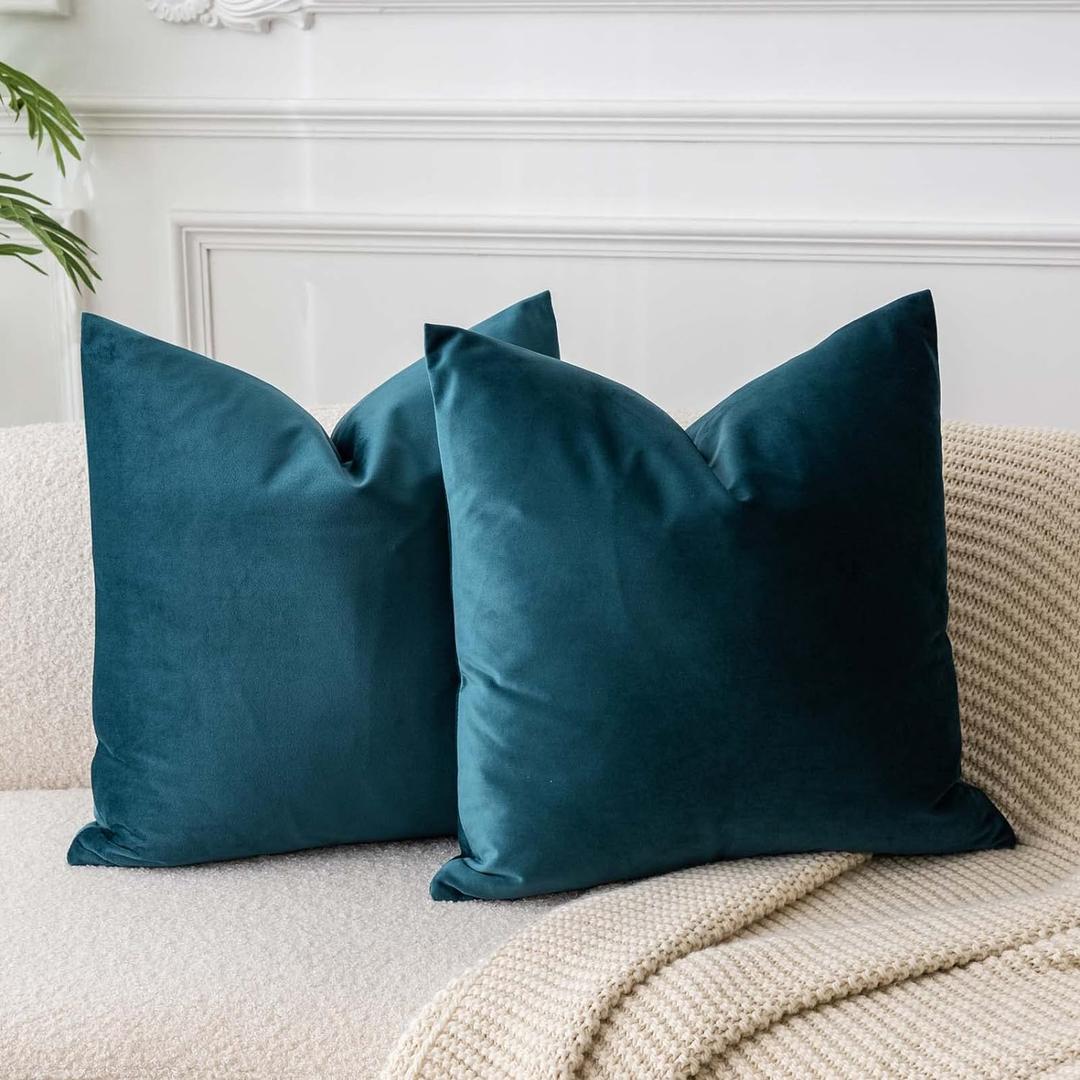 JUSPURBET Peacock Blue Velvet Throw Pillow Covers 18x18 inch Set of 2 for Living Room Couch Bedroom Decorative Soft Cushion Cases with Invisible Zipper (18" x 18" (Pack of 2))
