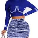 chicyes Womens 2 Piece Outfits Sexy Long Sleeve Top Rhinestone Sparkly Vacation Concert Fall Outfits Spring Mini Skirt Set (Blue, L)