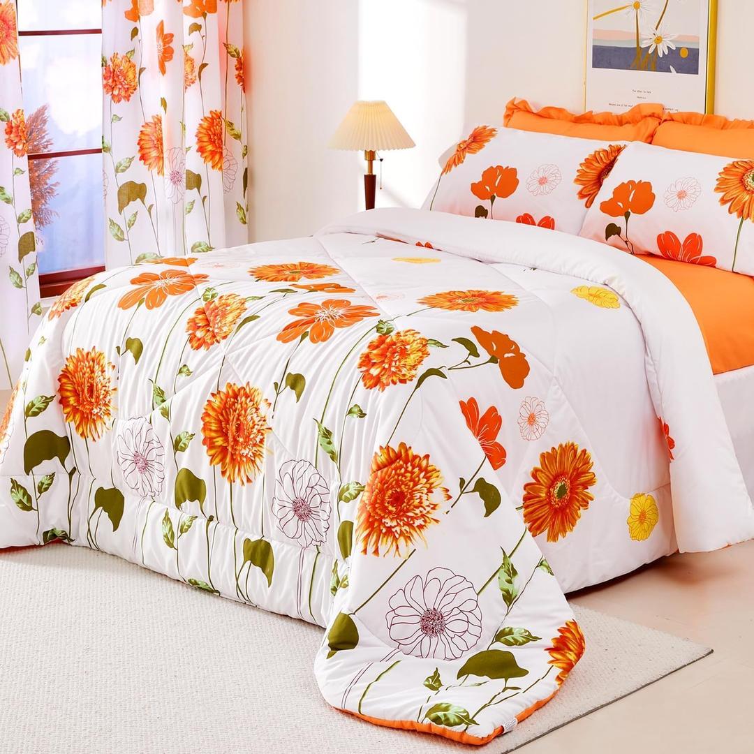 EVENHUG King Comforter Set 7 Pieces Lightweight Soft King Size Comforters for All Season Orange Sunflower Floral Bedding Sets Bed in a Bag with Flat Sheet and Fitted Sheet Pillowcases