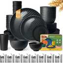 Teivio 88-Piece With Flatware Kitchen Plastic Wheat Straw Dinnerware Set for 8, Dinner/Dessert/Appetizer Plates, Cereal Fruit Bowls, Pasta Bowls, Cups, Unbreakable Dishwasher Safe Outdoor Dish, Black