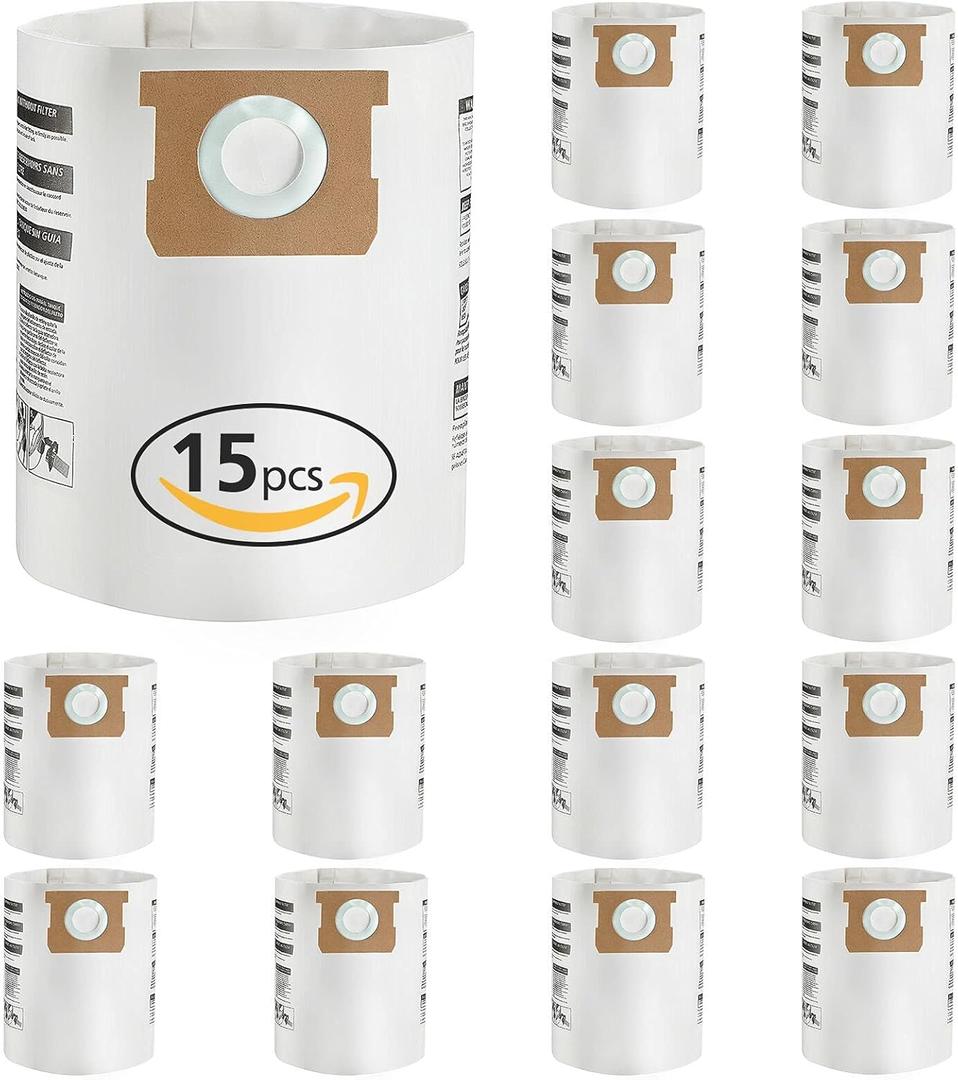 15 Pack 5-8 Gallon Replacement Filter Bags for Shop Vac Vacuum Type E-9066100, 90661, 9066133, Type H for S90671 9067100 9067133; VF2004, VHBS High- Efficiency Disposable Vaccum Filter Bags