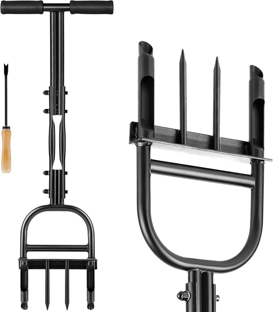 Lawn Aerator Coring Tool, Manual Plug Core Aerators with Cleaning Stick, 2 Half-Open Hollow Slot Tines and 2 Spike Heavy Duty Grass Aeration Tool for Soils Yard Garden