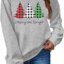 Merry and Bright Sweatshirts Women Funny Leopard Printed Plaid Christmas Trees Long Sleeve Shirt Xmas Graphic Pullover Tops (Green), L