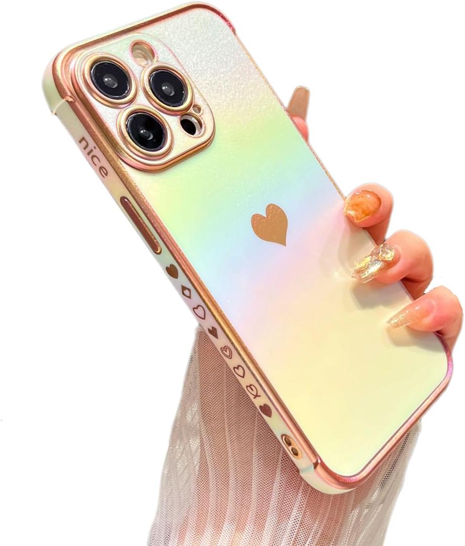 ZTOFERA for iPhone 12 Pro Case 6.1 inch,Cute Colorful Iridescent Plating Edge Case with Love Hearts Pattern,Camera Lens Protection Shockproof Phone Case for Women Girls,Iridescent White