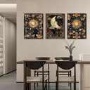 3pcs Celestial Sun and Moon Canvas Wall Art Crescent Moon Tarot Picture Botanical Wildflowers Painting Posters Astrology Gothic Print Aesthetic Artwork for Living Room Bedroom Decor 12x16in canvas (16L" x 12W")