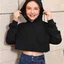 WDIRARA Girl's Cute Cat Ear Crop Tops Long Sleeve Causal Plain Hoodie Sweatshirt Shirt Pure Black Solid 8Y (Black)
