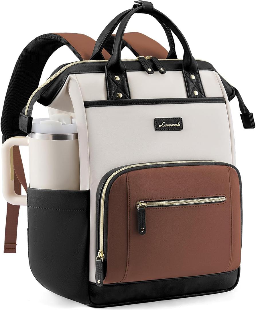 LOVEVOOK Laptop Backpack for Women with Giant Tumbler Holder, 15.6 inch Professional Nurse Teacher Backpack Computer Laptop Bag, Cute Waterproof Travel Backpack Purse Work College Bag, Beige-Black-Brown