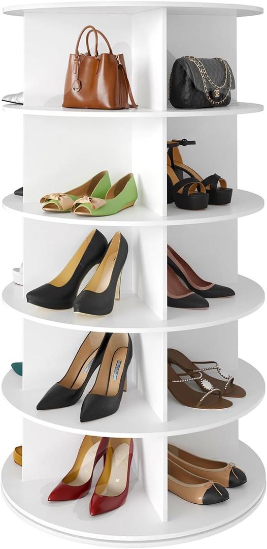SpaceAid 5 Tier Rotating Shoe Rack Tower, Spinning Shoe Display Lazy Susan, Revolving 360 Shoe Rack Storage Round Carousel, Vertical Handbag Rotate Shoes Closet Organization (5-Tier White)