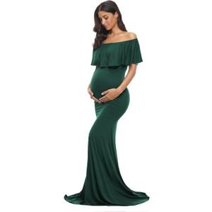 Glampunch Womens Off Shoulder Maternity Dress Ruffles Elegant Slim Gowns Fit Maxi Photography Dress (X-Large, Hunter Green)