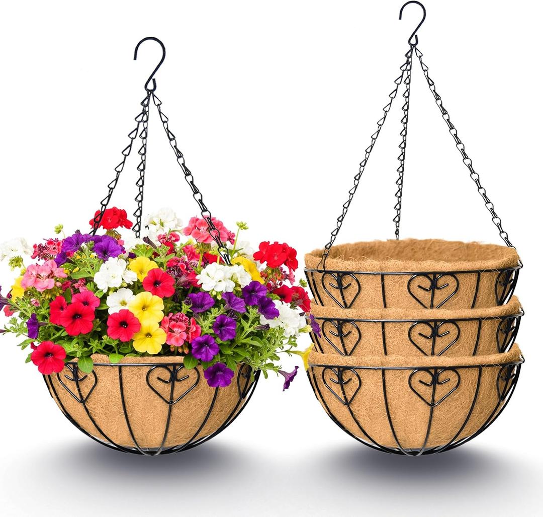 4 Pack 12 Inch Hanging Baskets for Plants Outdoor Metal Hanging Planter Basket with Coco Coir Liner Hanging Flower Baskets Hangings Flower Pots Holder for Garden, Patio(AX)
