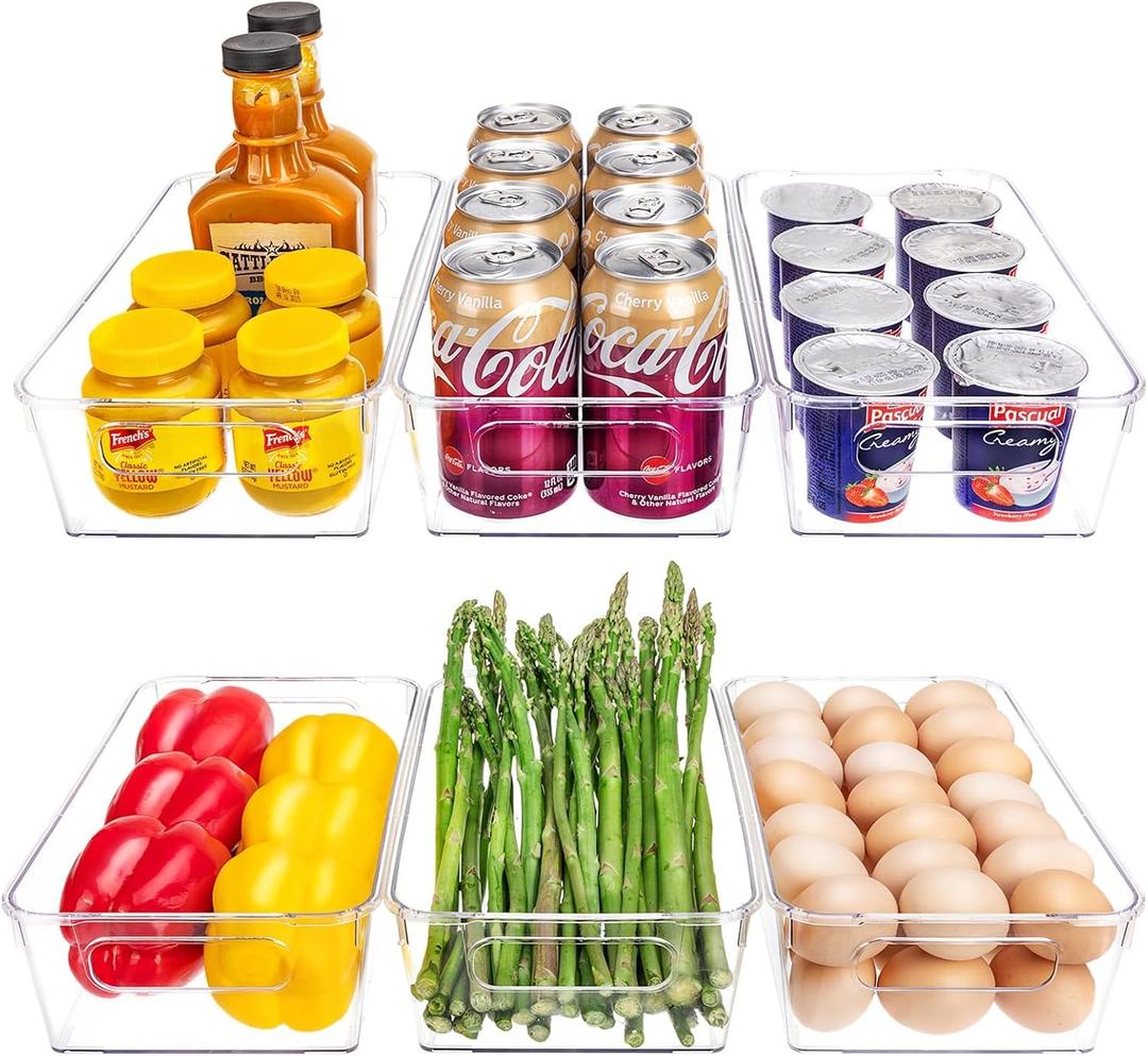 HOMER Set of 6 Refrigerator Organizer Bins, Pantry Organization and Storage Bins, Fridge Organizers with Cutout Handles, Clear Plastic Storage Bins for Pantry - BPA Free Kitchen Organizers