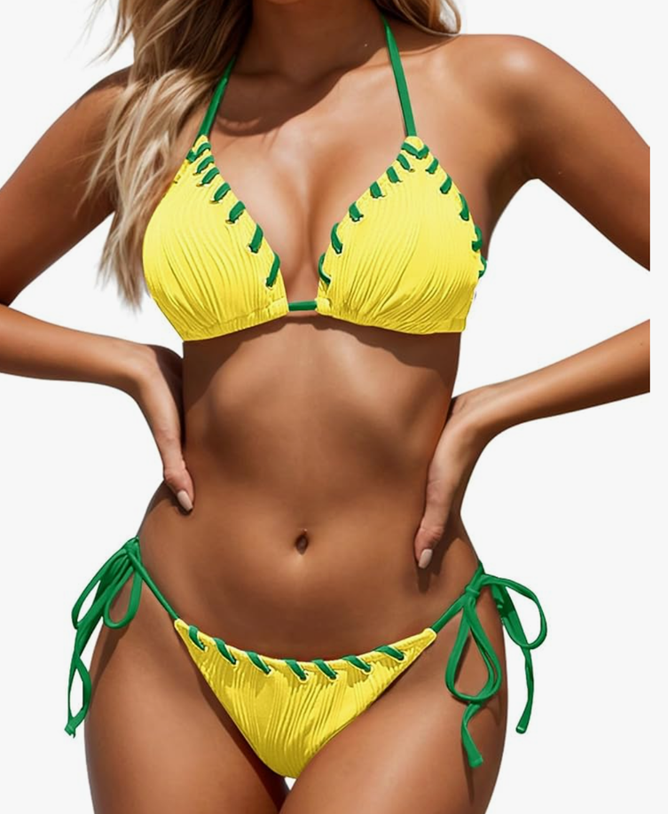 Women Two Piece Bikini Swimsuit Color Block Bathing Suits Halter Triangle String Bikini Sets, Large, Yellow Green 