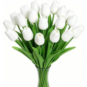 20PCS Tulips Artificial Flowers Faux Silk Tulip Stems Fake Flowers Bouquets for Vase Wedding Home Decoration White