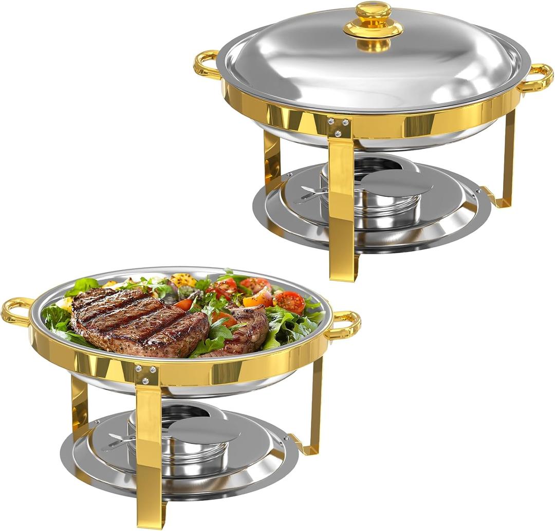 Chafing Dishes Buffet Set 2 Pack, 5QT Stainless Steel Round Chafing Dish with Lid & Gold Frame Complete Set for Catering, Parties, Wedding