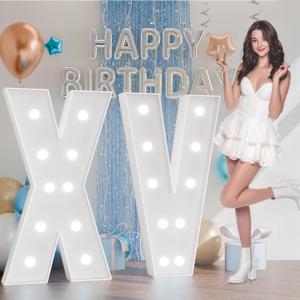 Marquee Numbers 15th Birthday Decorations: Large 15 Light up Letters 4 Feet Tall for Girls Boys White Quinceaera Anniversary Party Decor Big Backdrop Foam Cardboard Balloon Frame Letter XV