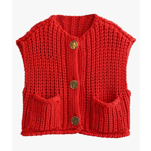 Women's Sleeveless Cropped Knit Cardigan Casual Button Down Crochet Sweater Vest Tops with Pockets Size M