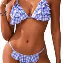 Verdusa Women's 2 Piece Plaid Layered Ruffle Swimsuit Tie Back Thong Bikini Set Blue and White, Medium