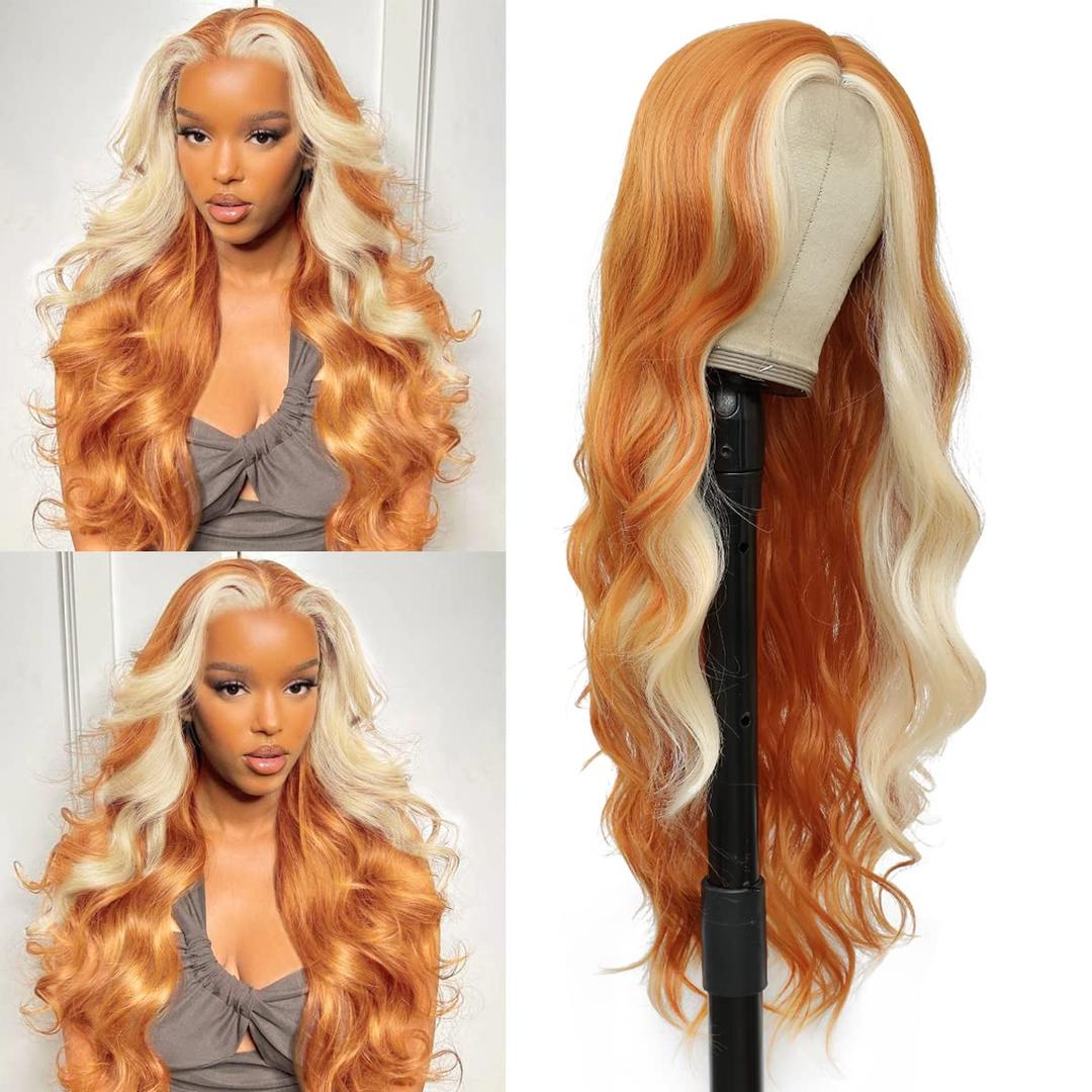 xccoco 30 Long Body Wave Highlight Wigs Skunk Stripe Synthetic Lace Wig Long Wavy Orange with Blonde Highlighted Wigs for Women