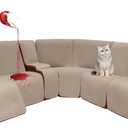 Velvet 1OO% Waterproof Reclining Sectional Couch Covers for Sectional Sofa L Shape 8-Piece Quilted Corner Recliner Sofa Cover Slipcovers Set Washable (5 Seater with 1 Console, Khaki)