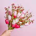 WDS WONDROUS 6Pcs Valentine's Day Artificial Flowers, 15.7 Inch Tulip Heart Stems with Pink White Berries for Vase Centerpiece, Wedding Home Decor