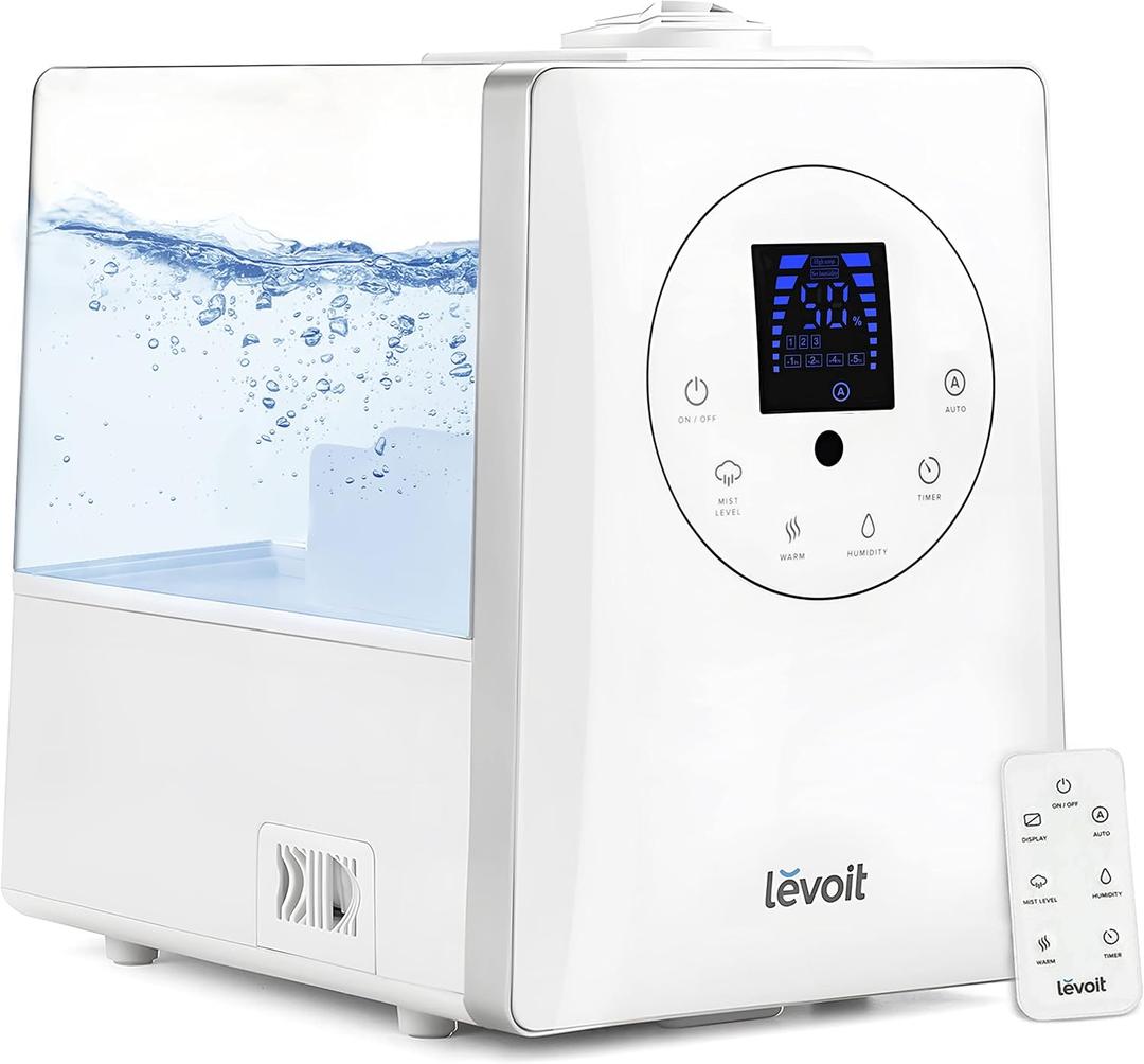 LEVOIT Humidifiers for Bedroom Large Room Home, 6L Warm and Cool Mist Ultrasonic Air Vaporizer for Plants and Whole House, Built-in Humidity Sensor, Essential Oil Diffuser, Whisper Quiet, Timer, White