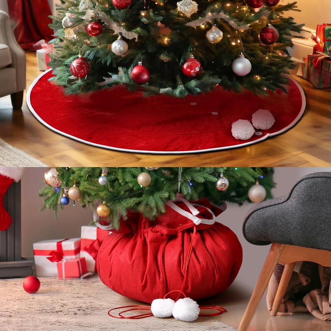 Red Christmas Tree Skirt Gift Bag 36 Inches, Design with Cord Drawstring Red White Tree Skirt Gift Bag for Home Winter Holiday Christmas Party Decor