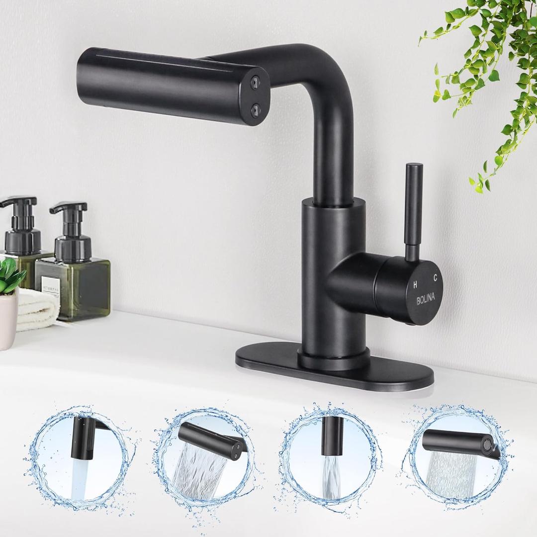RF70 Bathroom Sink Faucet with Pull Down Sprayer, 4 Modes, Single Handle Tall Bathroom Faucet 1 or 3 Hole with & Deck Mount Plate360 Degree Rotation (Matt Black)