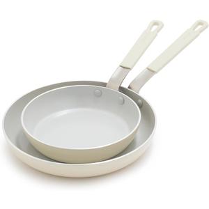 GreenPan x Bobby Flay 2 Piece- 8 and 10 Nonstick Frying Pan Skillet Set, PFAS-Free Diamond Ceramic, Induction Suitable, Stay-Cool Silicone Handle, Easy Clean Dishwasher & Oven Safe, Cream