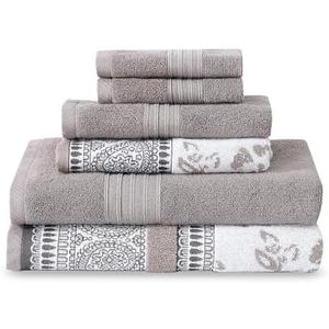 Modern Threads 6 Piece Set, 2 Bath Towels, 2 Hand Towels, 2 Washcloths Yarn Dyed Jacquard/Solid Towel Set Ophelia Fawn