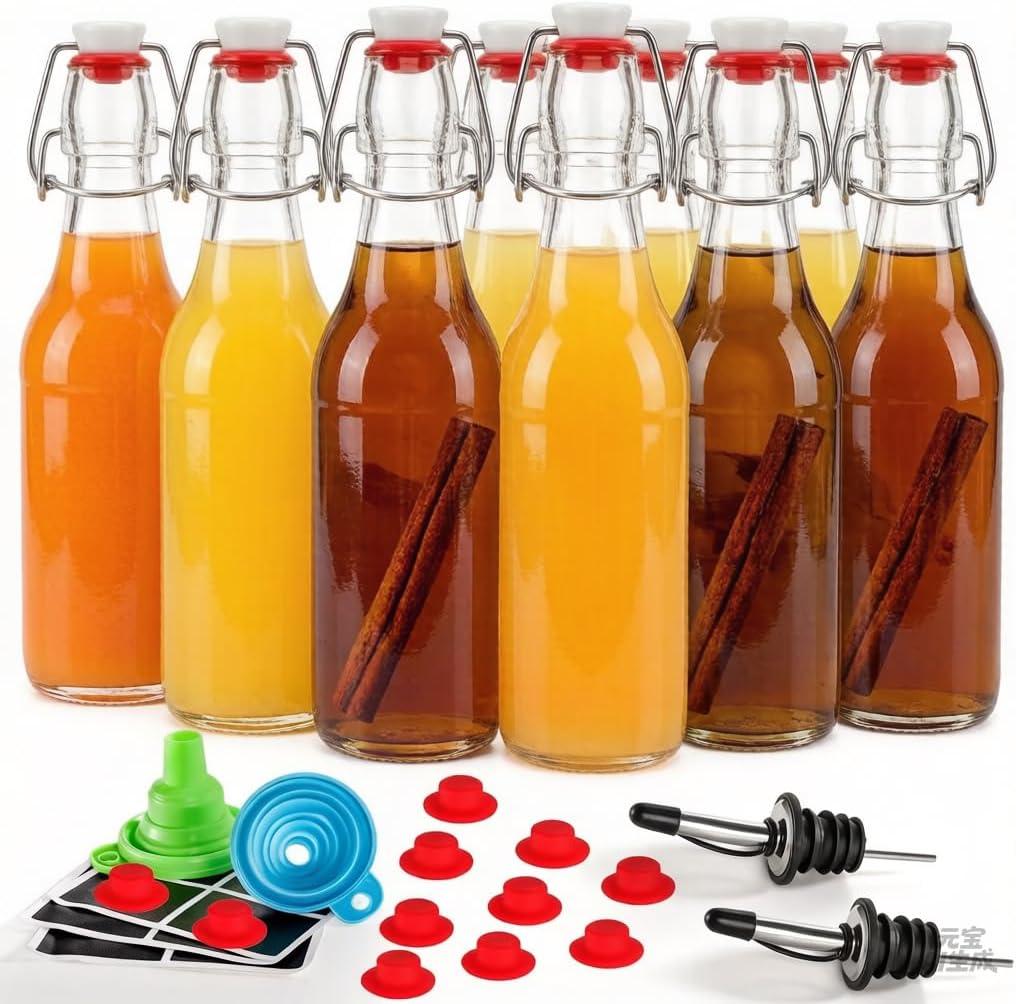 Jucoan 10 Pack 8 oz Swing Top Glass Bottles with Stoppers, Flip Top Glass Bottles Hot Sauce Bottles for Vanilla Extract, Syrup, Limoncello, Flavored Oils, Coquito