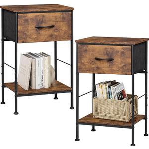 WLIVE Nightstand Set of 2, End Table with Fabric Storage Drawer and Open Wood Shelf, Bedside Furniture with Steel Frame, Side Table for Bedroom, Dorm, Rustic Brown Wood Grain Print, 25.03" Height
