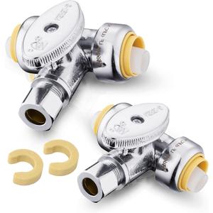 (Pack of 2) Seelink 1/4 Turn Stop Tee Compression Stop Valve, 1/2" Push Fit x 1/2" Push Fit x 3/8 Inch OD Compression, Chrome Plated Brass