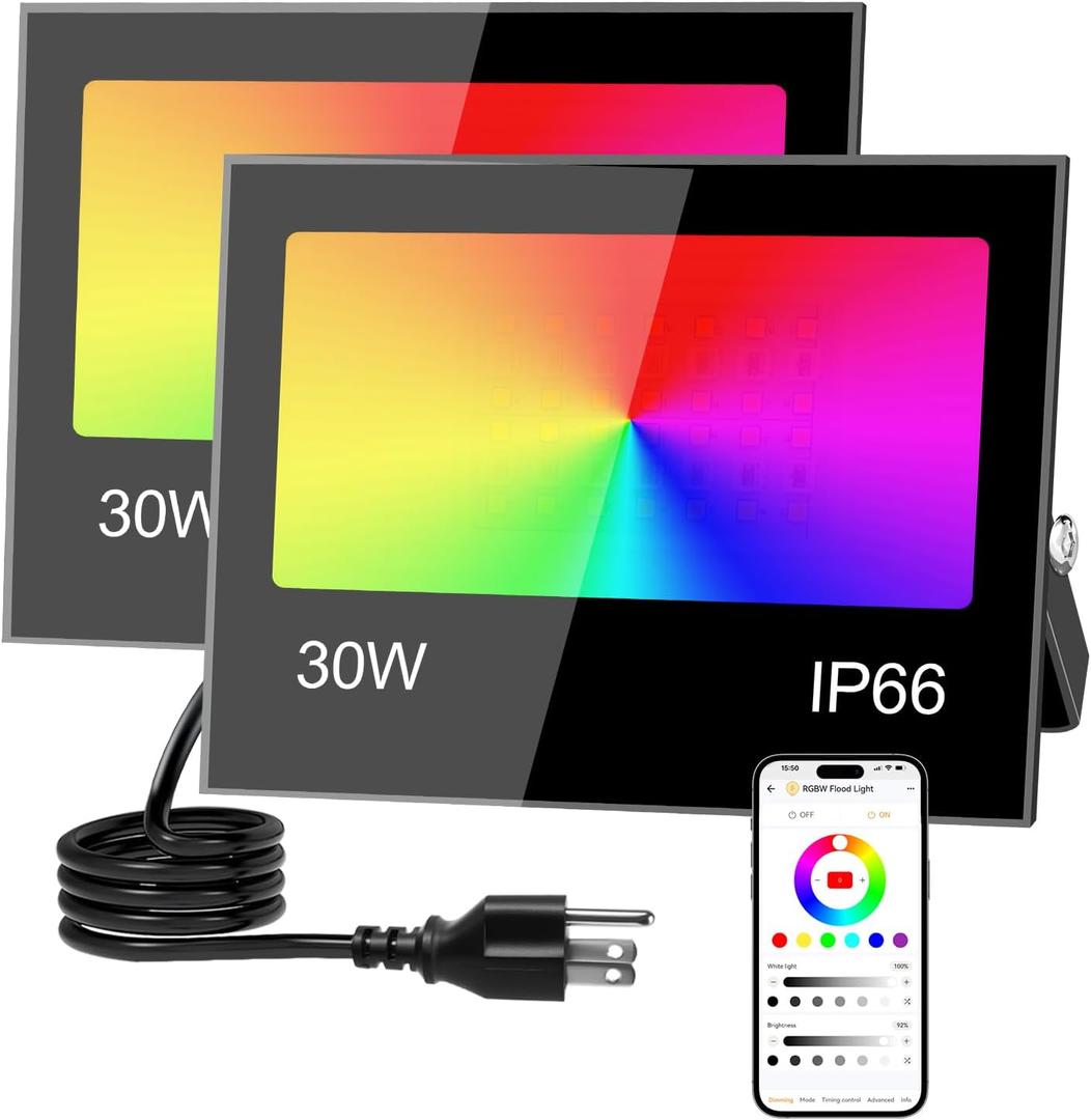 Remon LED Flood Light Outdoor 30W, 300W Equivalent 3000LM Color Changing Stage Spotlight with APP Control, 43 Modes, Timing, Warm White 2700K, Smart RGB Landscape Uplight, IP66 Waterproof (2 Pack)