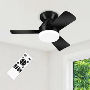 26" Black Ceiling Fans with Lights and Remote, Low Profile Ceiling Fan with Light, Reversible DC Motors, 3CCT Dimmable Timer Noiseless, Flush Mount Ceiling Fan for Bedroom/Living Room