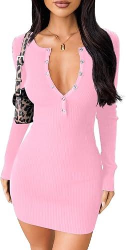 OQQ Long Sleeve Mini Dress Women Ribbed Tummy Control Club Party Dresses 2025 Fall Winter Staple, Small