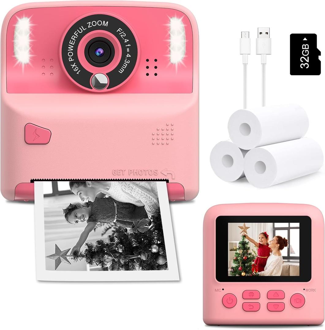 Kids Instant Print Camera, Portable Toys Camera for Toddler, Print Black & White Photos Instantly, Ideal Birthday for Boys & Girls Ages 312 (Pink)