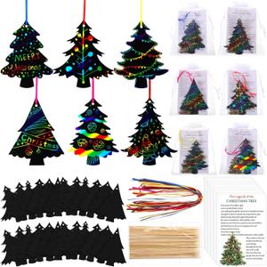 48 Sets Christmas Scratch Off Cards Bulk Rainbow Christmas Tree Paper Scratch Art Craft Ornaments with Legend Cards Bags for Adults Xmas Christian Gifts Party